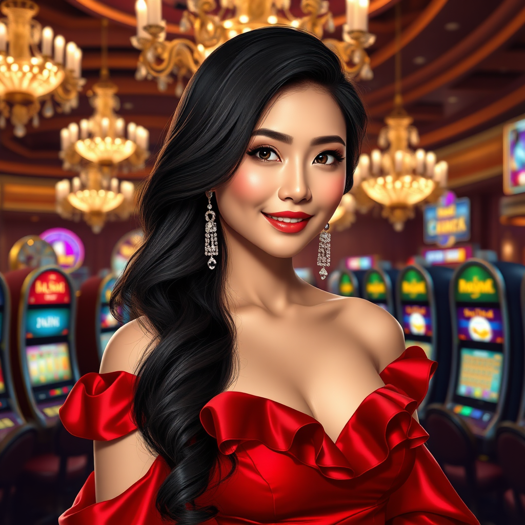 Elegant woman in red dress at a casino